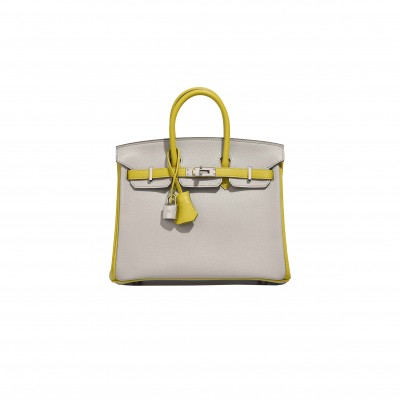 HERMÈS BIRKIN 25 SWIFT LEATHER PEARL GREY LEMON YELLOW SILVER BUCKLE BAG 3237 (25*20*13cm)